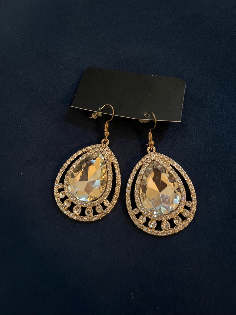 Gold Teardrop Crystal Dangle Earrings - Clear
